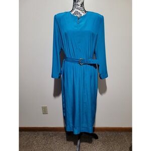 Heury Lee Midi Dress‎ Women 14 Turquoise Blue Vintage 80s Belted